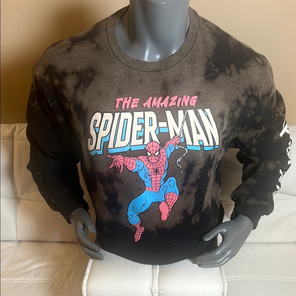Marvel Men’s Black&BrownTie Dye Crewneck Sweater Amazing Spider-Man Logo Size XL